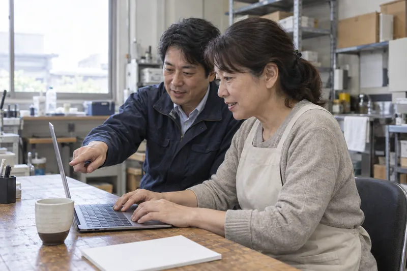 画面を指して教える男性とキーボードを打つ女性