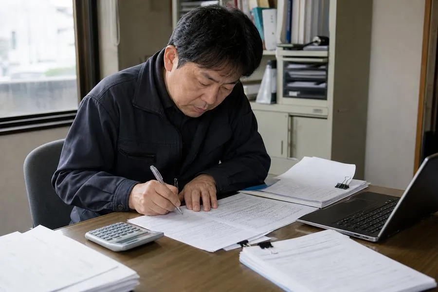作業着の男性が机で書き物をし、そばに電卓