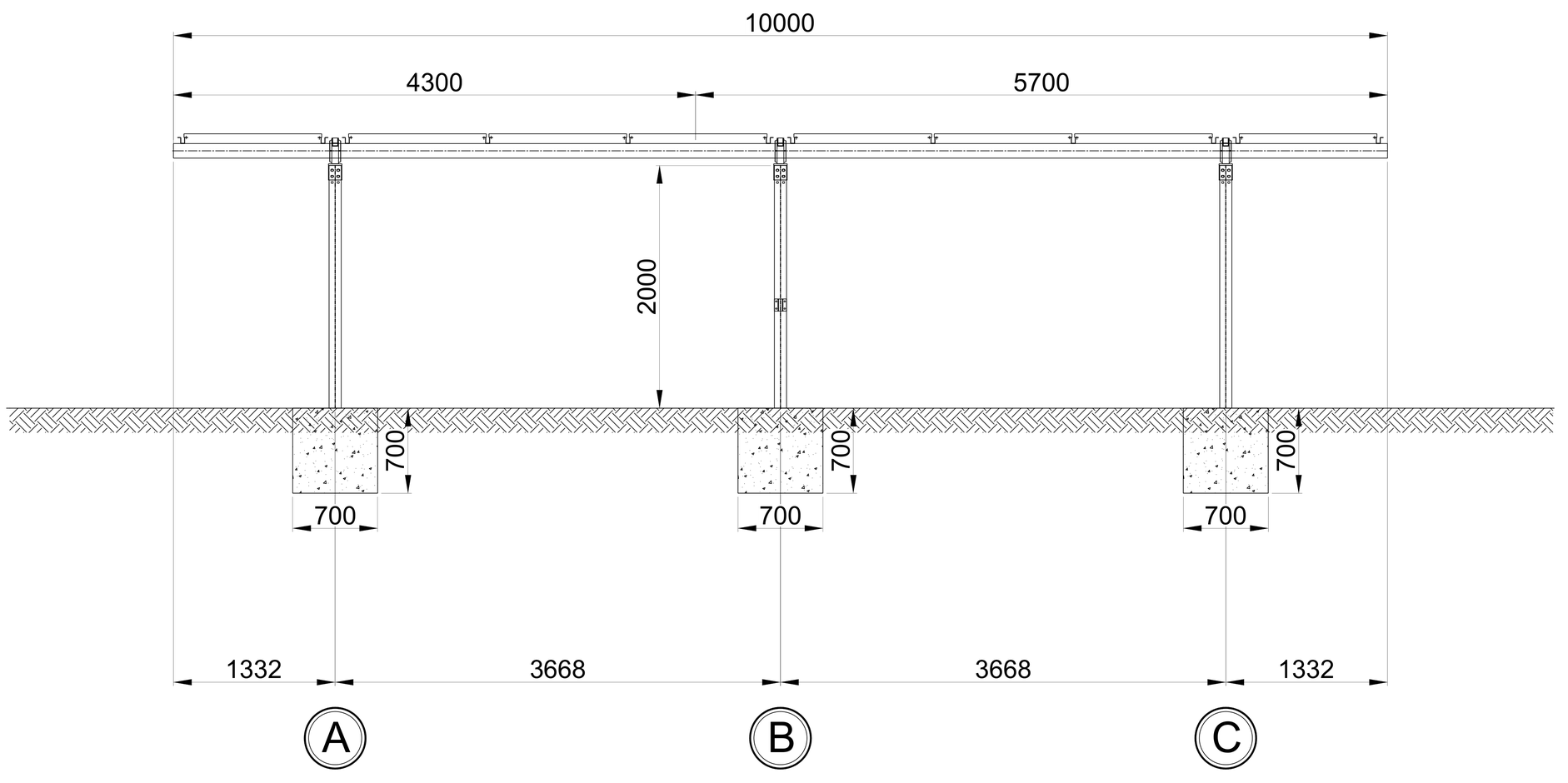立面図。横から見た1セット。全長10,000mm、支柱の間隔3,668mm、パネル下端2,000mm