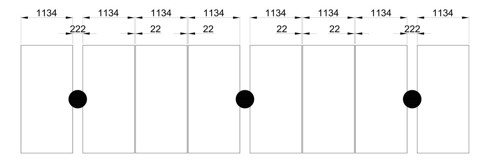 平面図。縦置きパネル8枚を1,134mmピッチで並べ、3か所の支柱で受ける