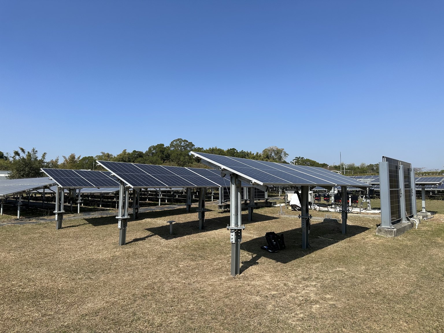 実機。圃場に整然と並ぶ追尾型架台