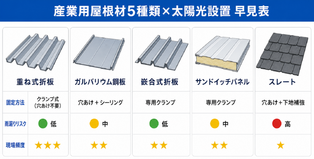 産業用屋根材5種類 早見表