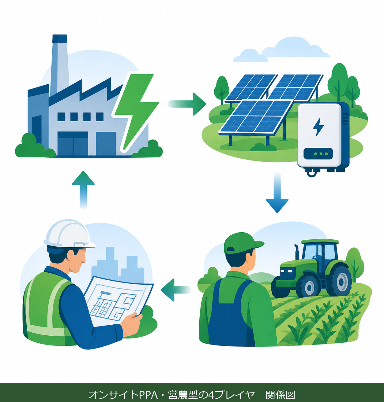 ソーラーシェアリング事業に欠かせない4者（需要家・発電事業者・EPC・営農者）の関係図