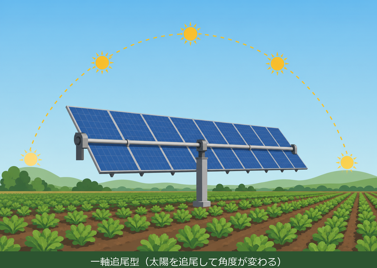 一軸追尾型の営農型太陽光発電 架台イラスト