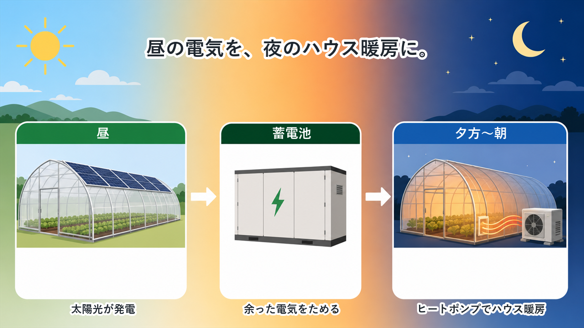 太陽光発電は昼間のみ発電し、ヒートポンプ暖房は夕方から朝に稼働する時間帯ミスマッチを蓄電池が時間帯シフトでつなぐ図
