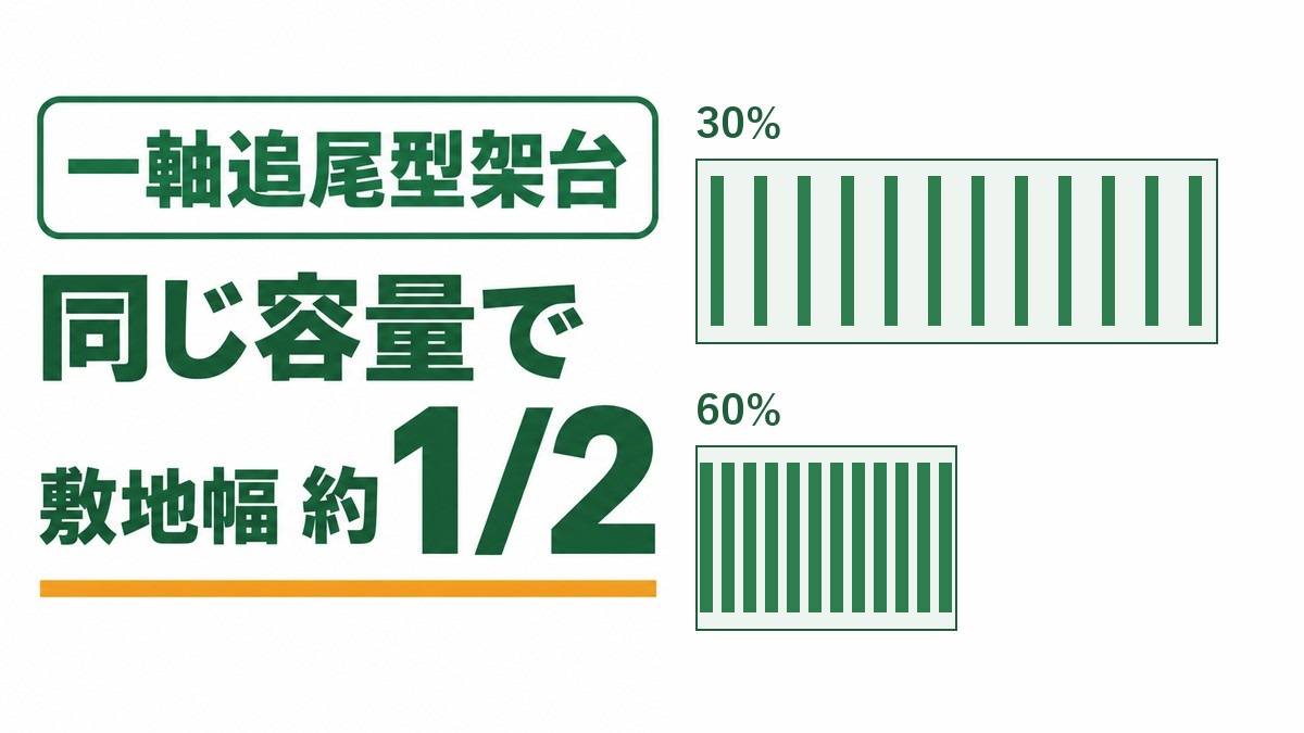 一軸追尾型架台 同じ容量で敷地幅 約1/2。設置密度30%と60%の区画を上から見た図